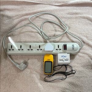 European Travel Bundle! White Power Strip with Yellow GPS Device and iGo Charger